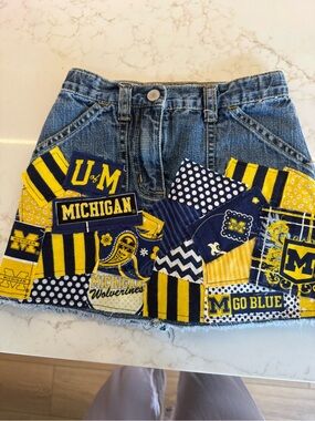 Patchwork Denim Mini Skirt with Navy & Yellow Collegiate Accents